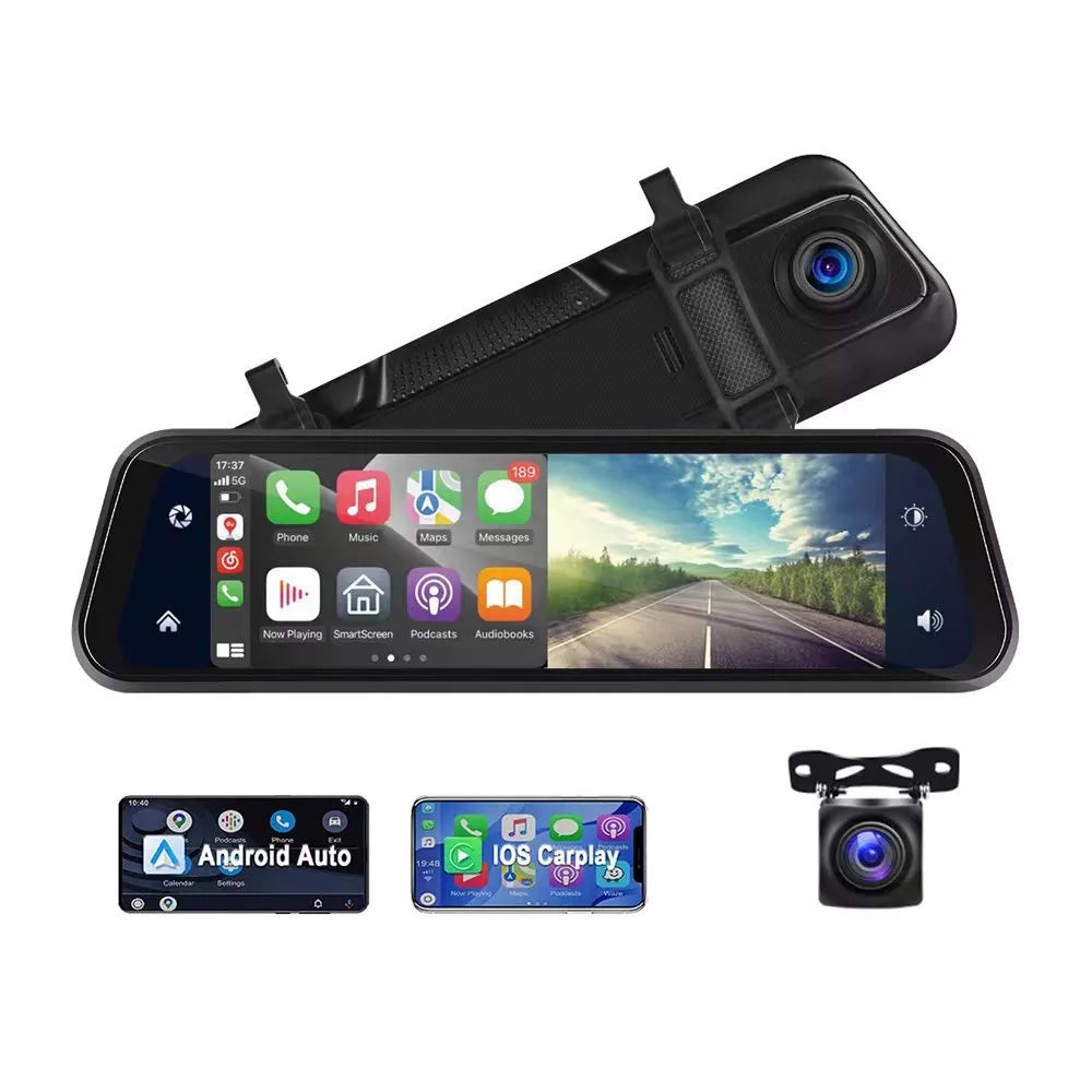 Aoocci P501 Dash Cam 2 Canali - Schermo touch IPS 9.66", doppia registrazione 1080P, CarPlay wireless, telecamera PDC parcheggio e impermeabile IP67