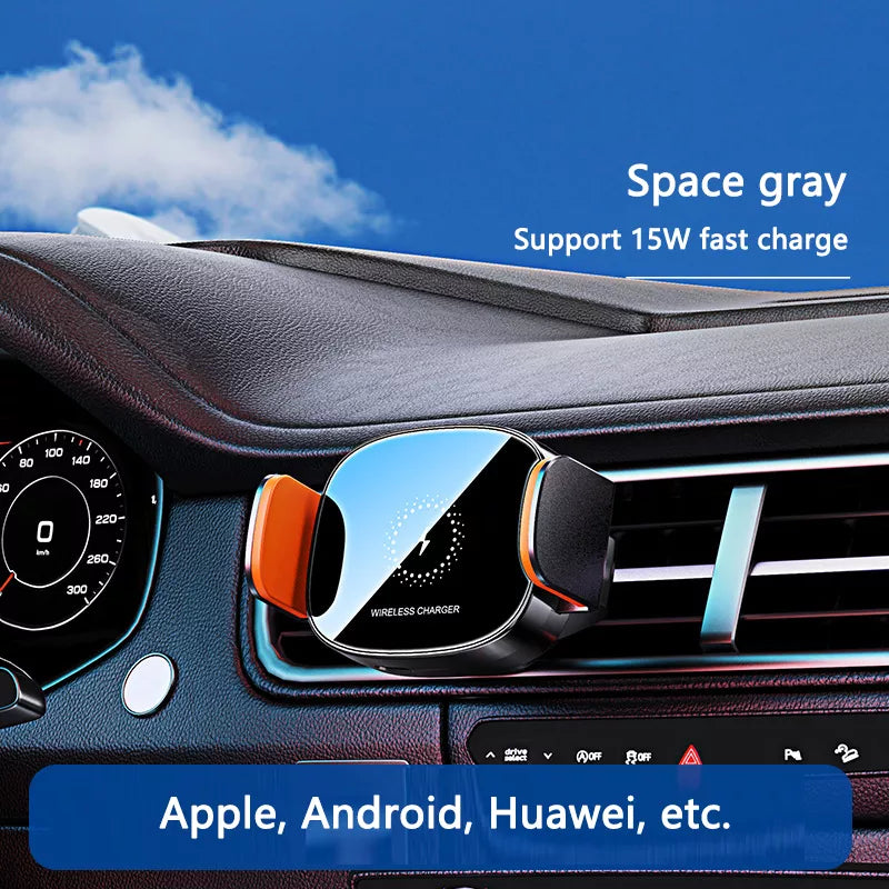 Supporto per telefono grigio con ricarica wireless per presa d'aria auto